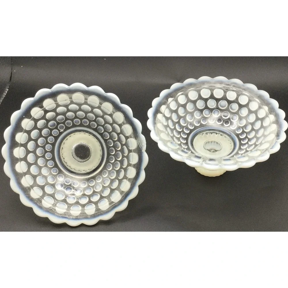 Vintage Anchor Hocking Set 2 White Opalescent Hobnail Moonstone Candle Holders